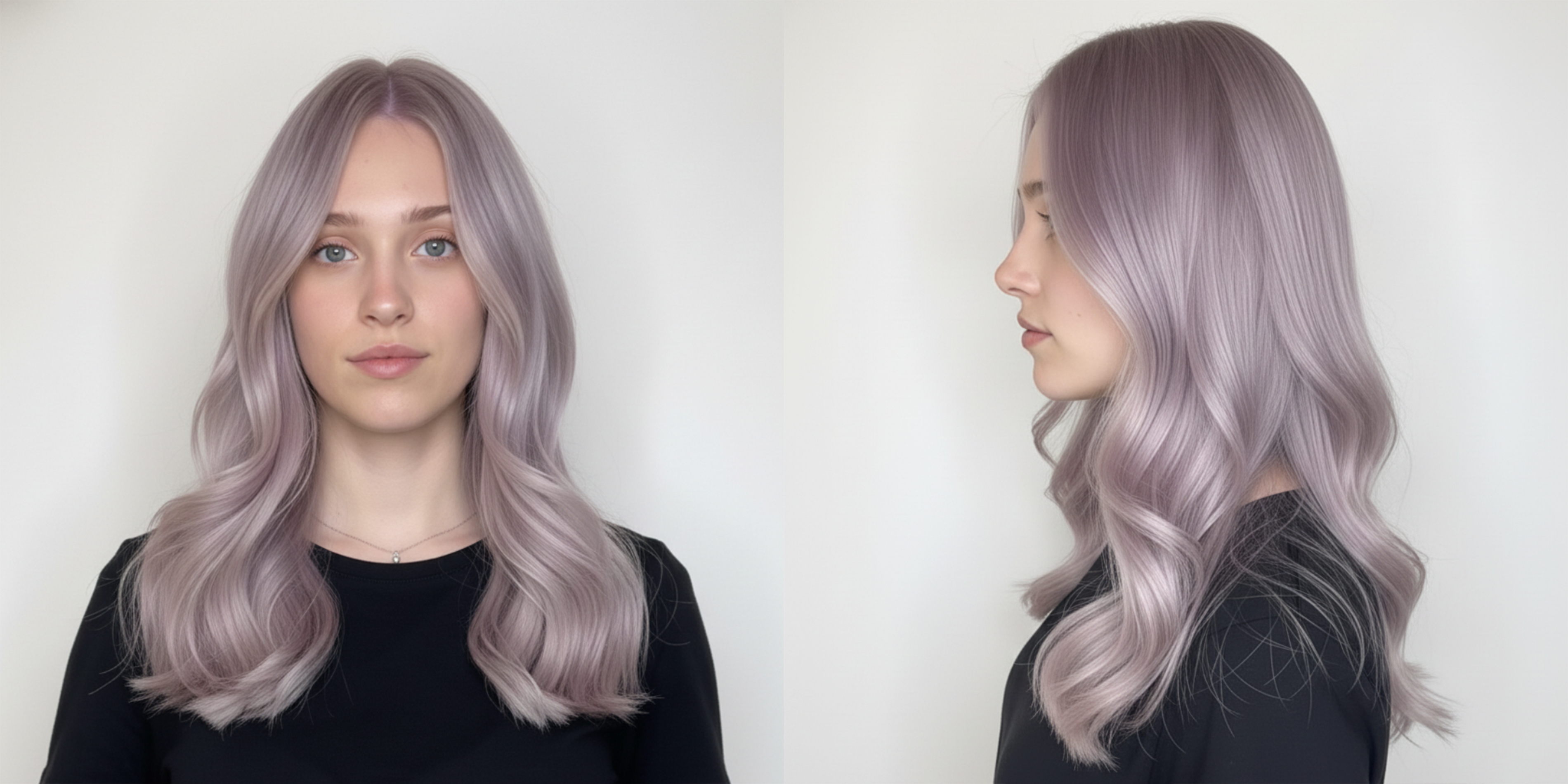 Modelo con cabello largo ondulado color lavanda, vista frontal y de perfil. - Luxent Professional