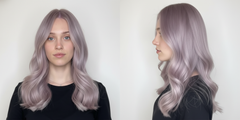 Modelo con cabello largo ondulado color lavanda, vista frontal y de perfil. - Luxent Professional