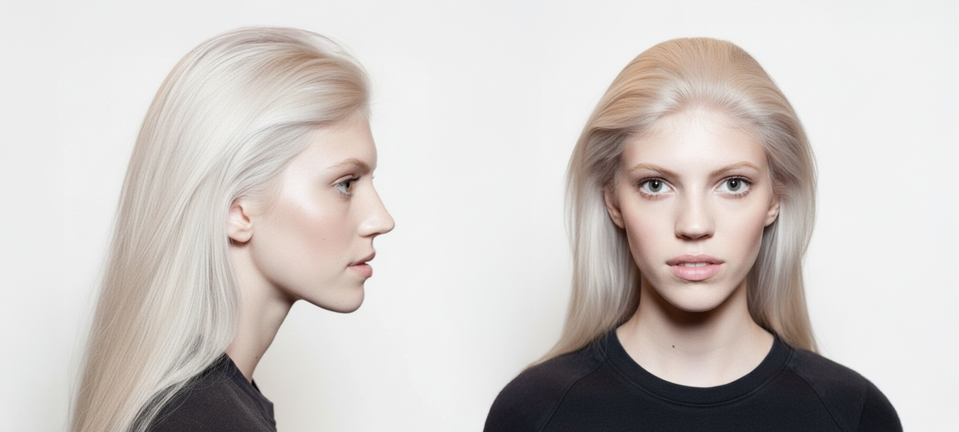 Modelo con cabello rubio platino liso, mostrando el color y la textura. - Luxent Professional