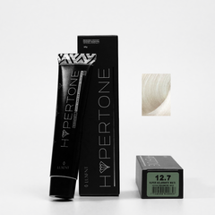 Tinte Hypertone 12.7 Super Aclarante Mate, tubo y caja negros, con muestra de color rubio pla - Luxent Professional