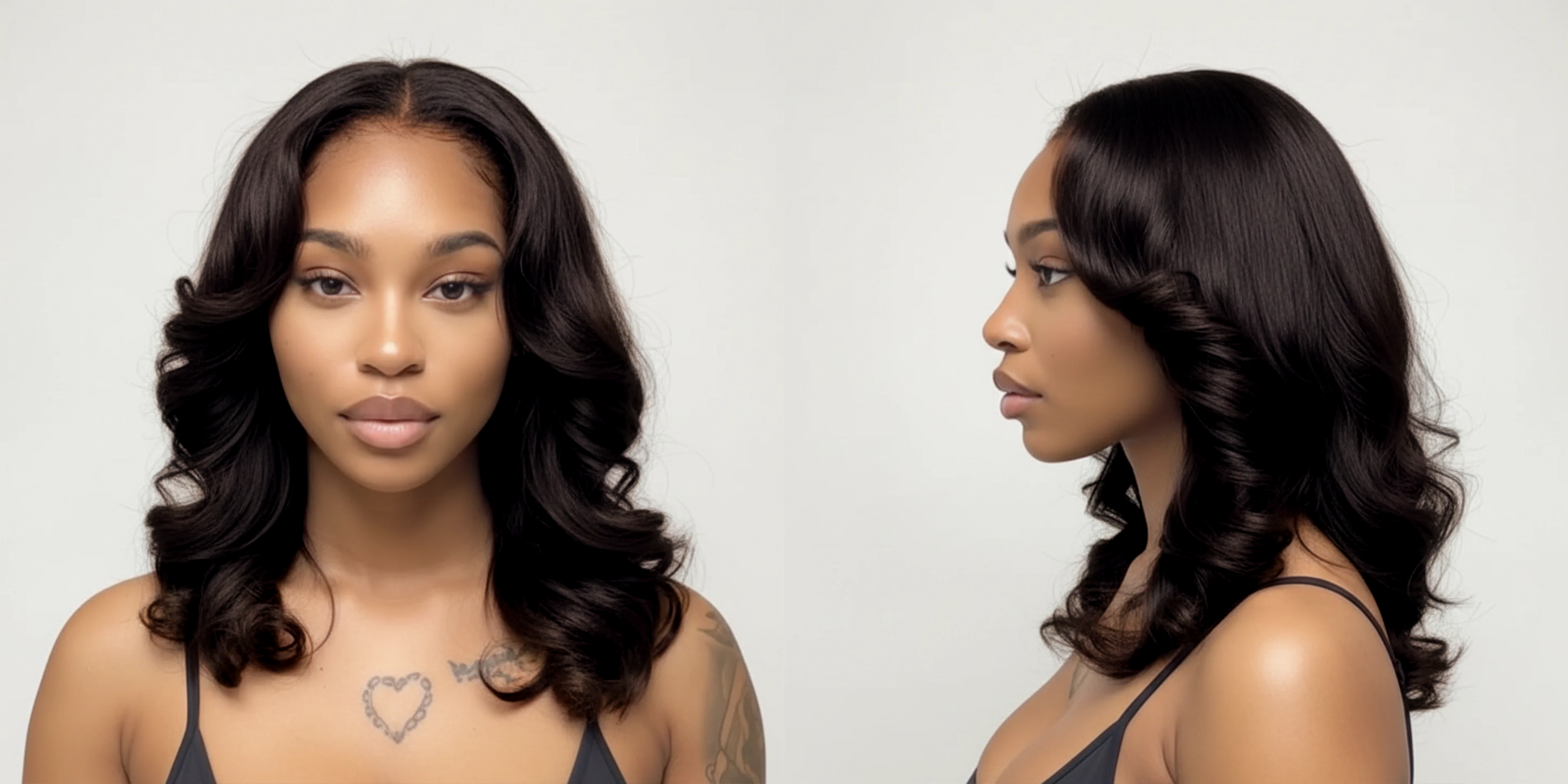 Modelo con cabello negro ondulado, mostrando volumen y brillo. Ideal para productos capilares - Luxent Professional