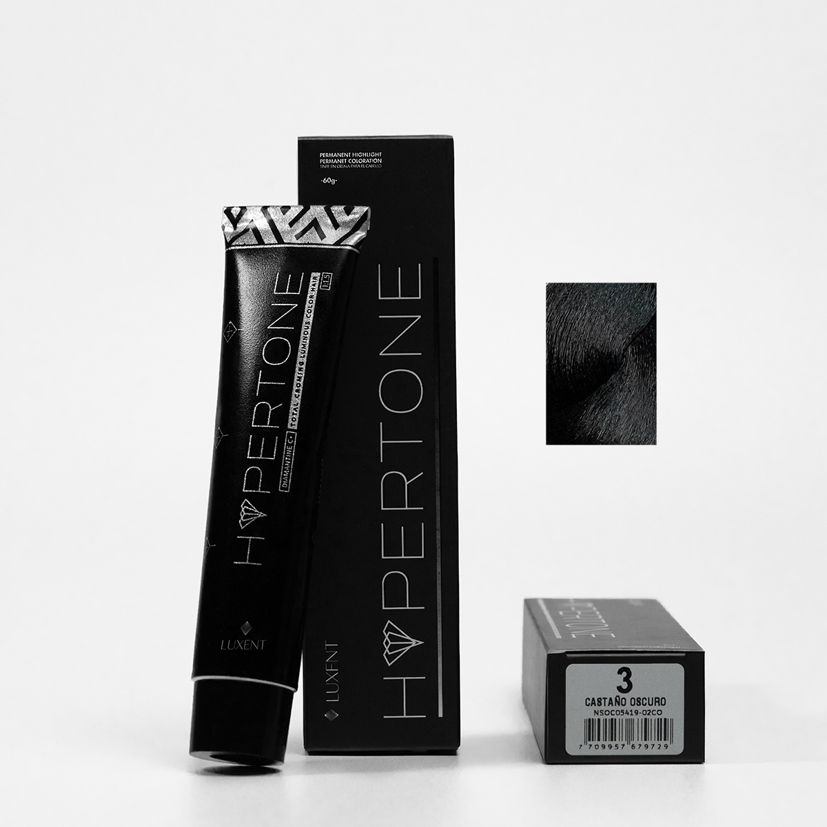 Tinte profesional Hypertone Castaño Oscuro #3, tubo y caja con muestra de color. - Luxent Professional