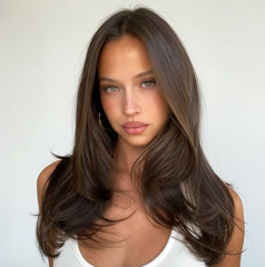 Modelo con cabello castaño oscuro brillante y voluminoso, resultado de tintes profesionales - Luxent Professional