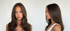 Modelo con cabello castaño oscuro liso y brillante, con volumen y capas. - Luxent Professional