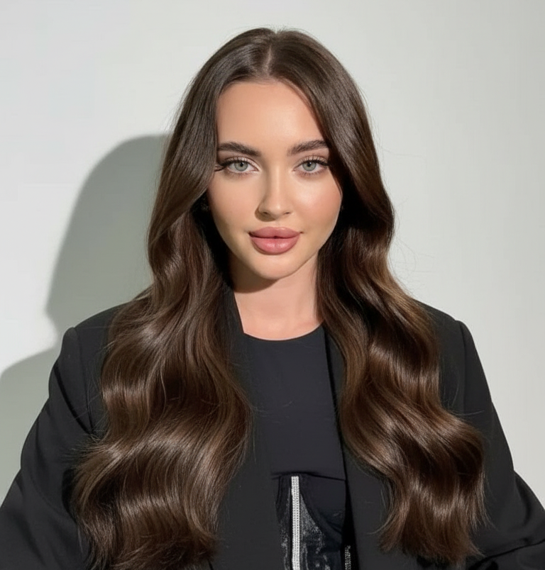 Modelo con cabello castaño oscuro, ondas suaves y brillo natural. Ideal para productos de col - Luxent Professional