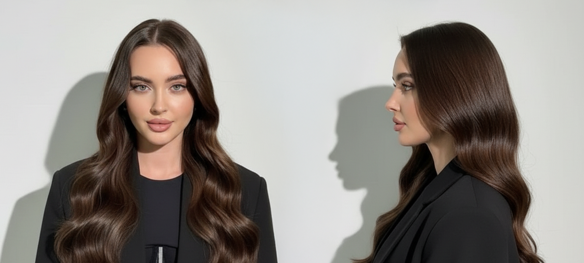 Modelo con cabello castaño oscuro brillante y ondulado, mostrando volumen y salud - Luxent Professional