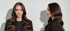 Modelo con cabello castaño oscuro brillante y ondulado, mostrando volumen y salud - Luxent Professional