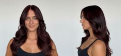 Modelo con cabello largo ondulado color borgoña, vista frontal y de perfil. | L'xent Professional