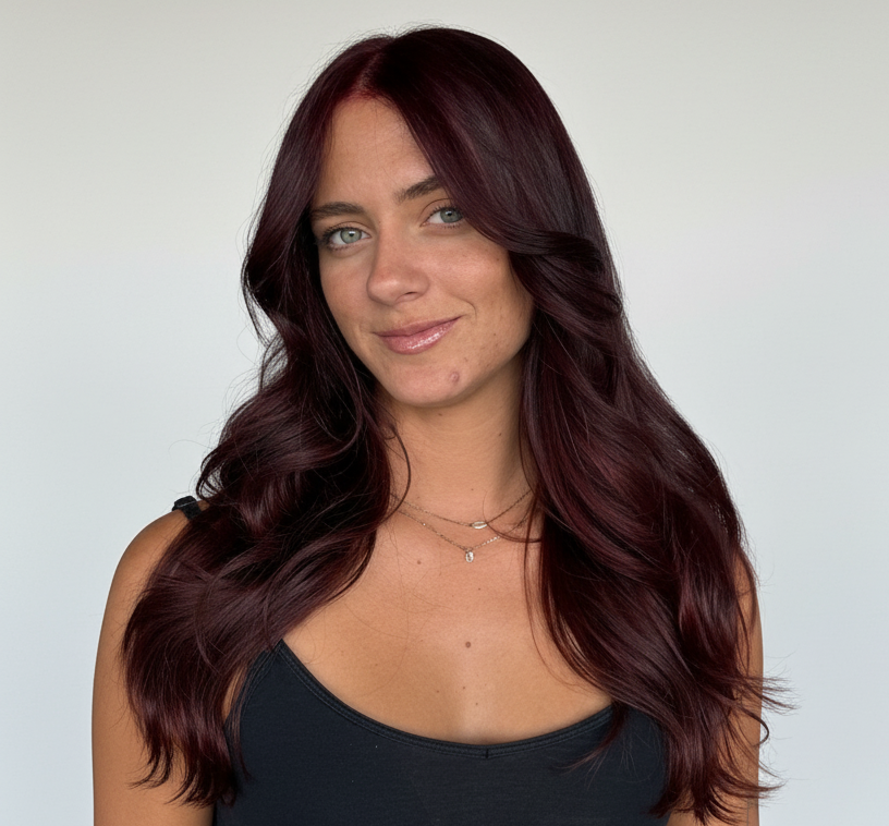 Mujer con cabello largo borgoña oscuro, ondas suaves y raíces rojas. Tinte profesional. | L'xent Professional