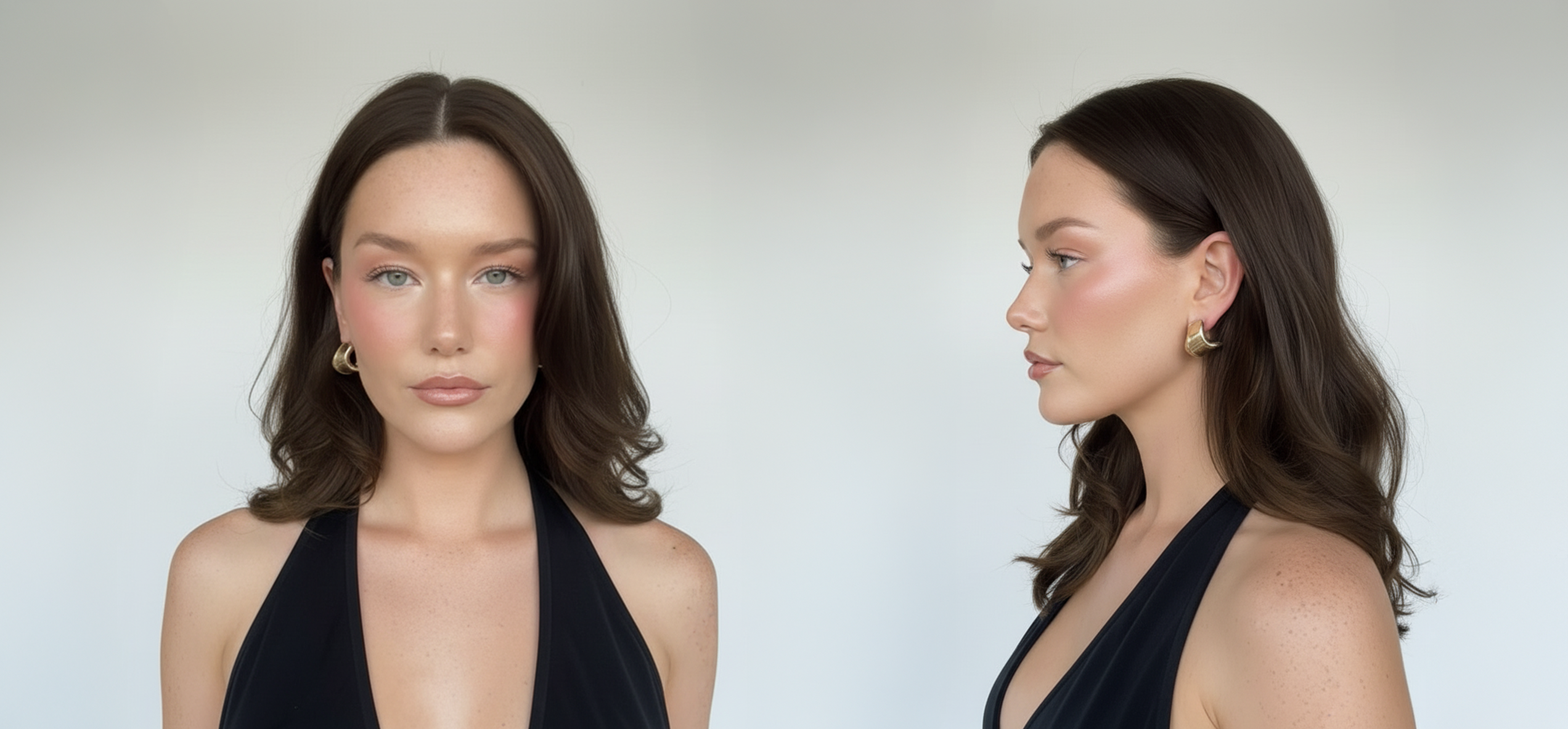 Modelo con cabello castaño oscuro saludable, vista frontal y de perfil. - Luxent Professional