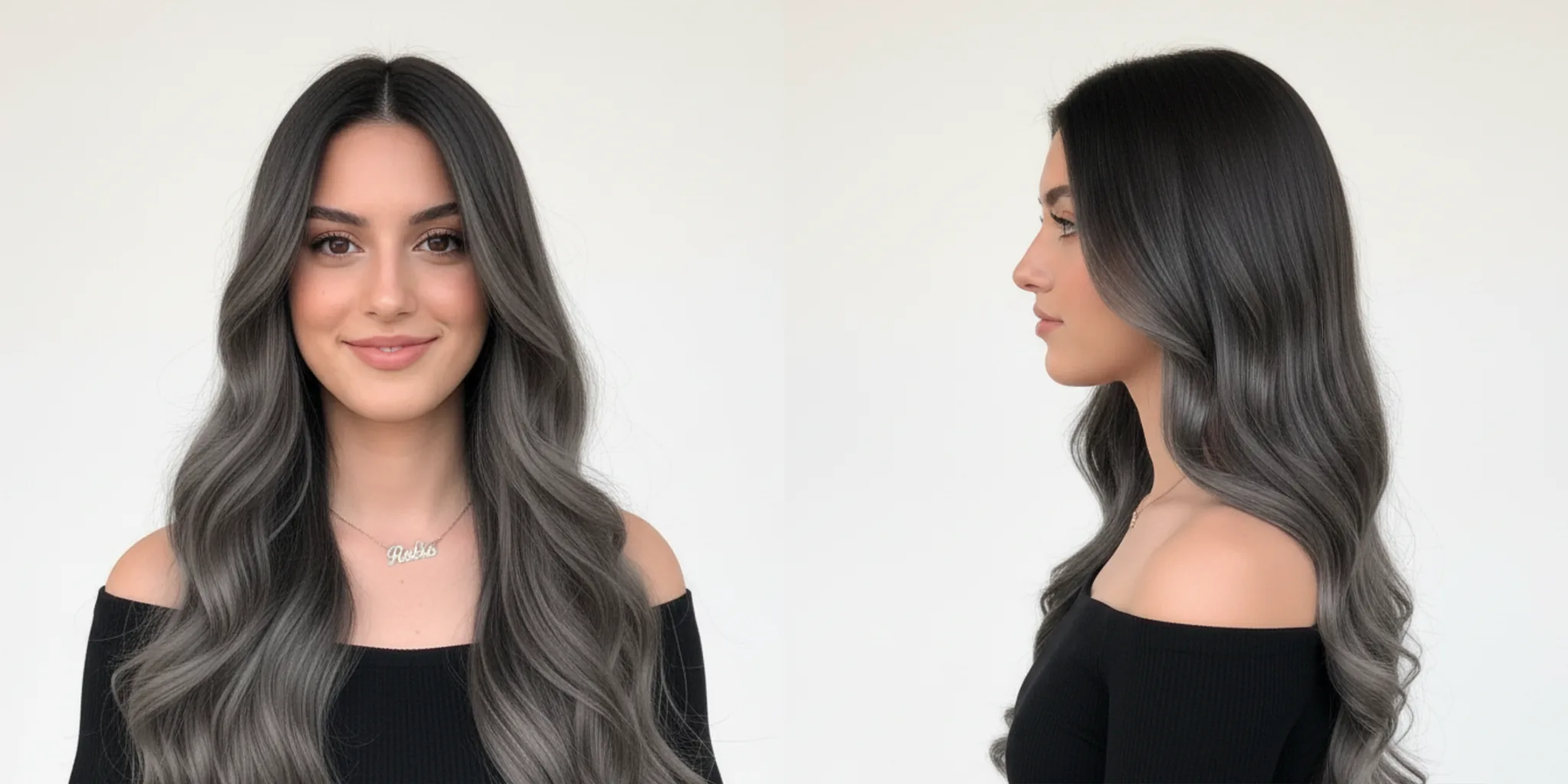 Modelo con cabello largo ondulado en tono gris ahumado, vista frontal y de perfil. | L'xent Professional