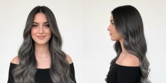 Modelo con cabello largo ondulado en tono gris ahumado, vista frontal y de perfil. | L'xent Professional