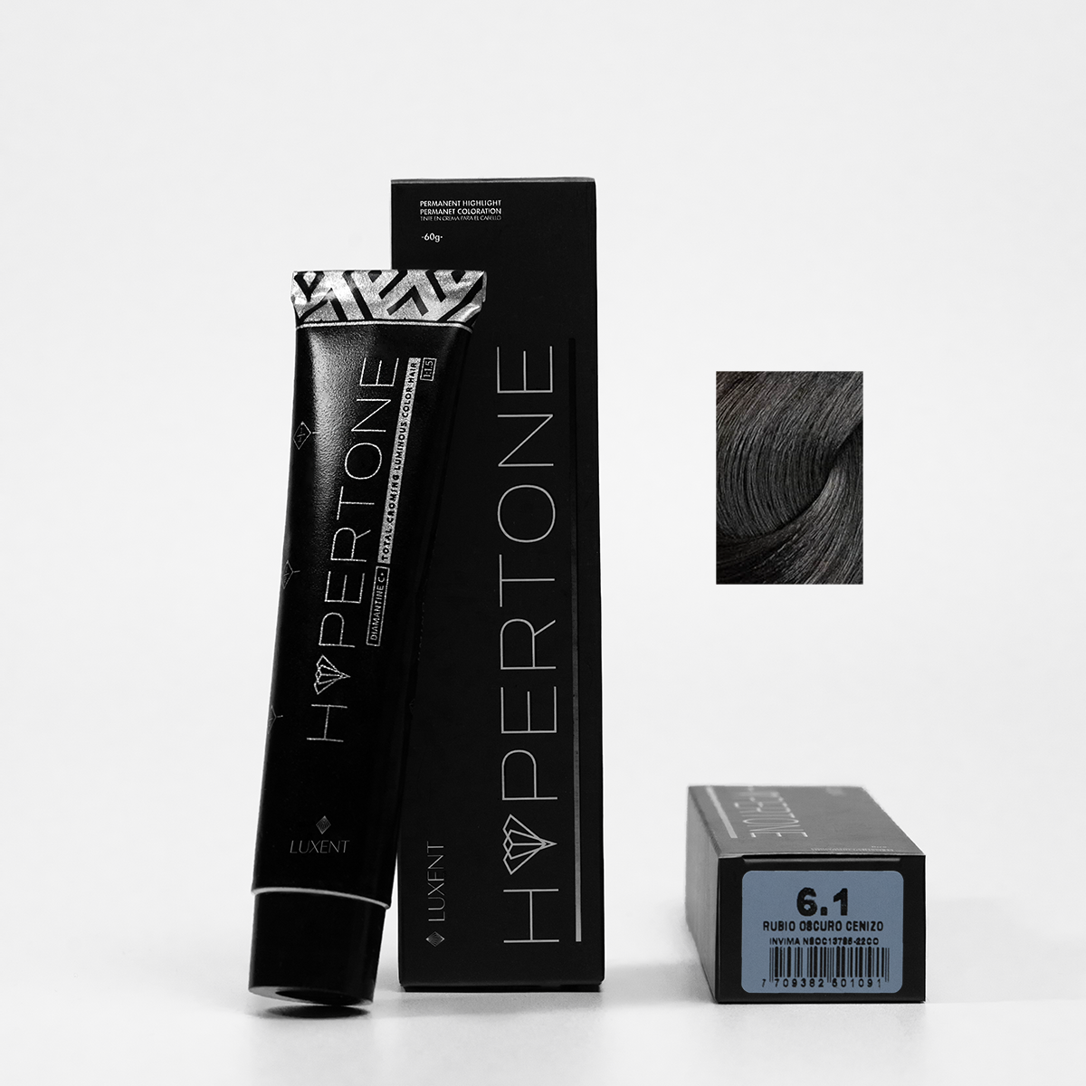 Tinte capilar profesional Hypertone 6.1 Rubio Oscuro Cenizo, tubo y caja con muestra de color | L'xent Professional