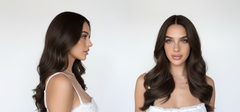 Modelo con cabello castaño oscuro brillante, mostrando el color y la textura del cabello - Luxent Professional