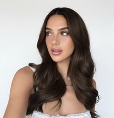 Modelo con cabello castaño oscuro brillante y ondas suaves, mostrando un look natural | L'xent Professional