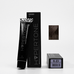 Tinte capilar Hypertone 6.23 Rubio Oscuro Iridisado Dorado, tubo y caja con muestra de color | L'xent Professional
