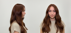 Modelo con cabello castaño rojizo brillante, liso y ondulado, mostrando el color y la textura - Luxent Professional