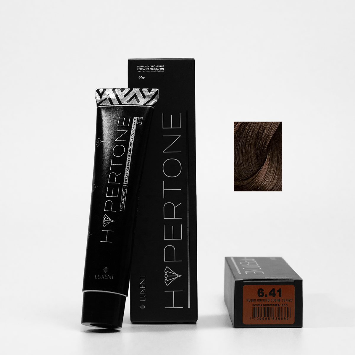 Tinte capilar Hypertone 6.41 Rubio Oscuro Cobre Cenizo, tubo y caja con muestra de color | L'xent Professional