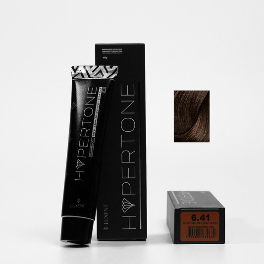 Tinte capilar Hypertone 6.41 Rubio Oscuro Cobre Cenizo, tubo y caja con muestra de color | L'xent Professional