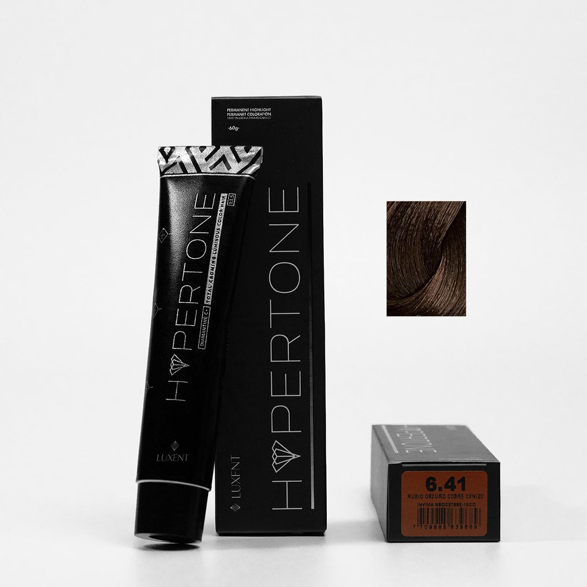 Tinte capilar Hypertone 6.41 Rubio Oscuro Cobre Cenizo, tubo y caja con muestra de color | L'xent Professional