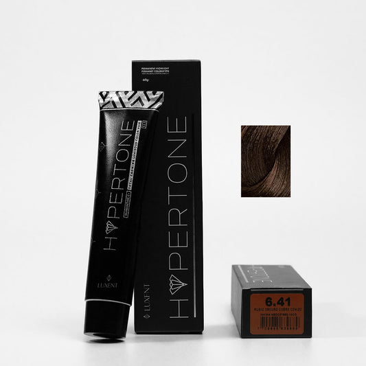 Tinte capilar Hypertone 6.41 Rubio Oscuro Cobre Cenizo, tubo y caja con muestra de color | L'xent Professional