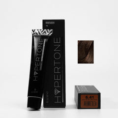Tinte capilar Hypertone 6.41 Rubio Oscuro Cobre Cenizo, tubo y caja con muestra de color | L'xent Professional