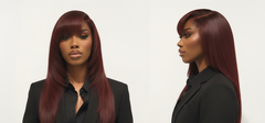 Modelo con cabello liso borgoña, flequillo y capas, mostrando color vibrante y brillo. - Luxent Professional