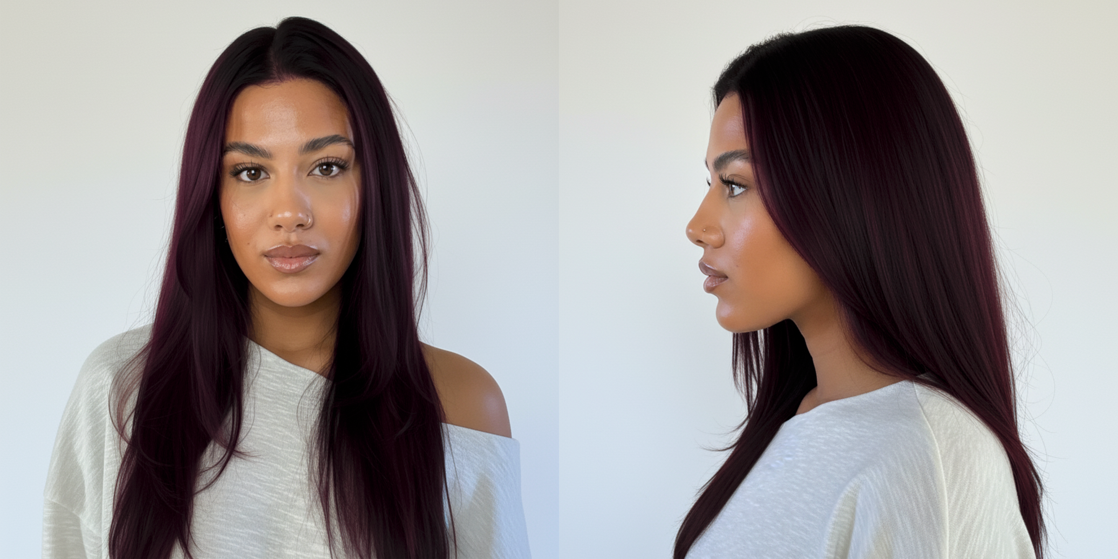 Modelo con cabello largo y liso color borgoña, mostrando el resultado del tinte. - Luxent Professional