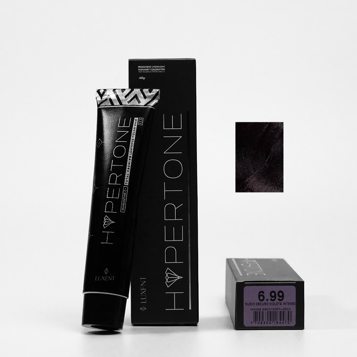 Tinte capilar Hypertone 6.99 Rubio Oscuro Violeta Intenso, tubo y caja con muestra de color - Luxent Professional