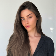 Modelo con cabello castaño liso y brillante, ideal para productos de cuidado capilar - Luxent Professional