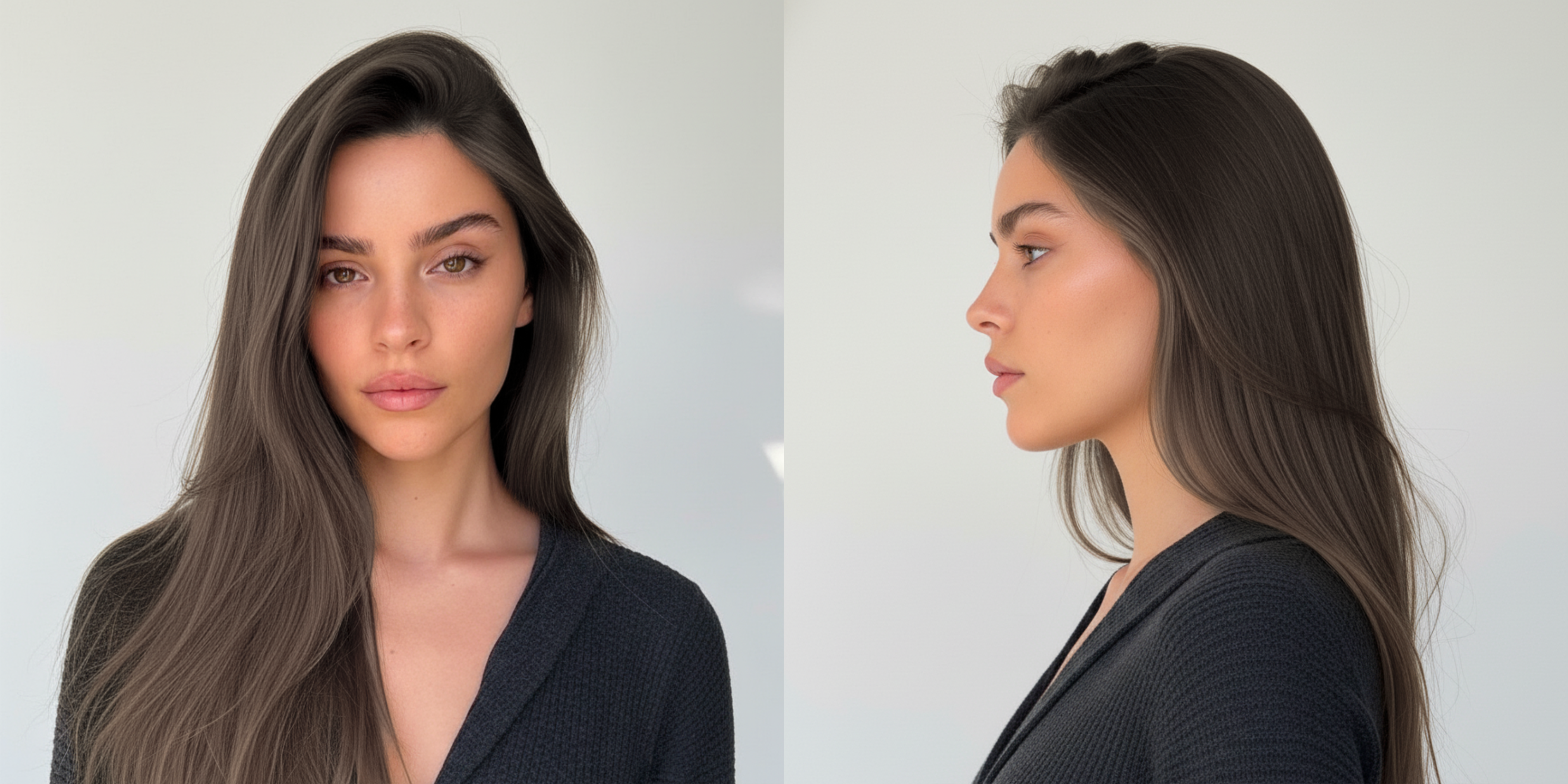 Modelo con cabello castaño oscuro liso y brillante, mostrando el color en vista frontal y de - Luxent Professional