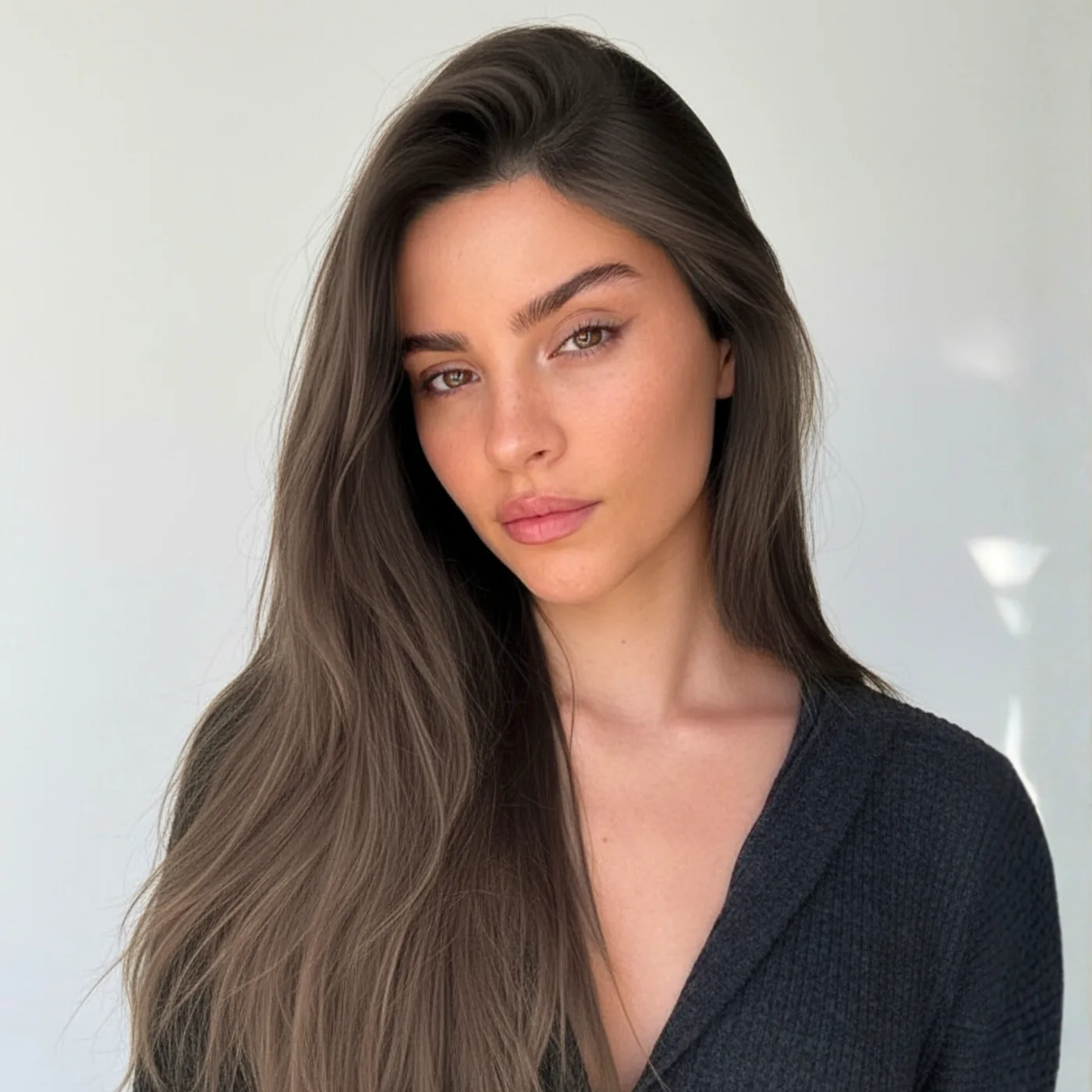 Modelo con cabello castaño liso y brillante, ideal para productos de cuidado capilar | L'xent Professional