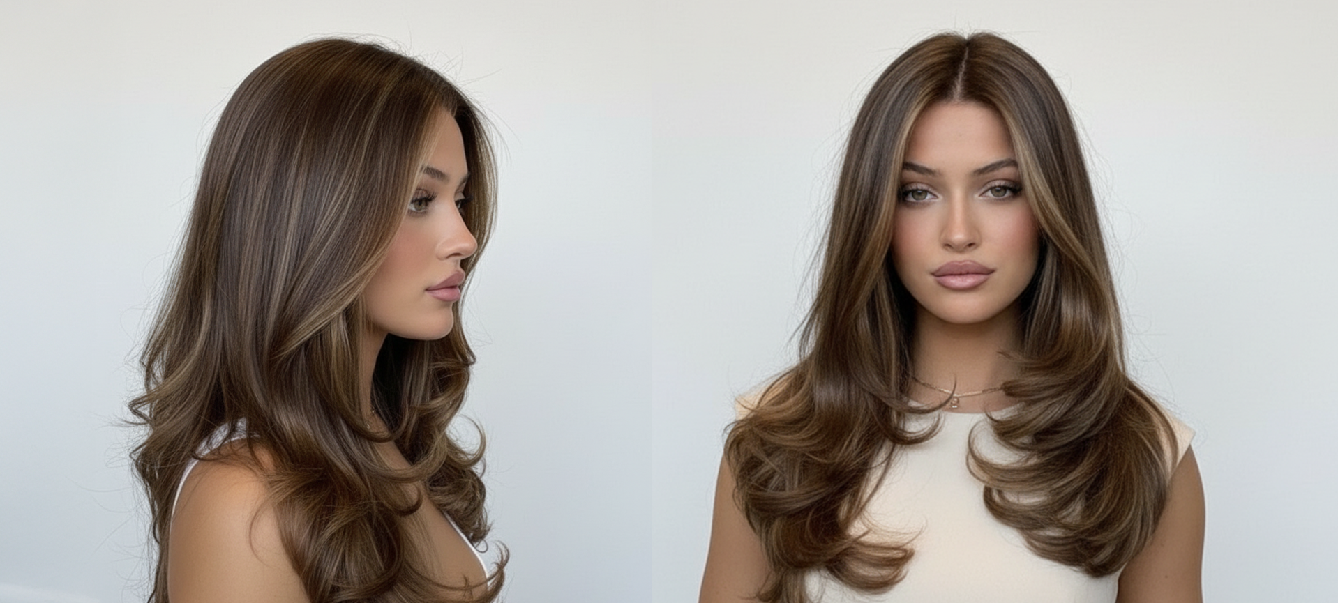 Modelo con cabello castaño con reflejos rubios, peinado en capas y ondas voluminosas. - Luxent Professional