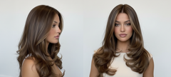 Modelo con cabello castaño con reflejos rubios, peinado en capas y ondas voluminosas. - Luxent Professional