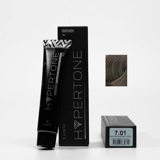 Tinte capilar Hypertone 7.01 Rubio Medio Natural Cenizo, tubo y caja con muestra de color | L'xent Professional