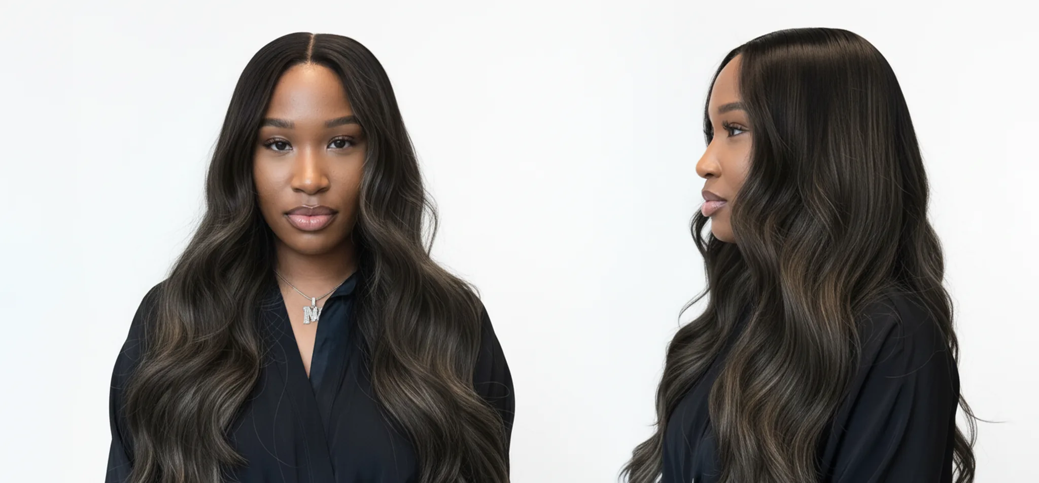 Modelo con cabello castaño oscuro ondulado y brillante, vista frontal y de perfil. | L'xent Professional