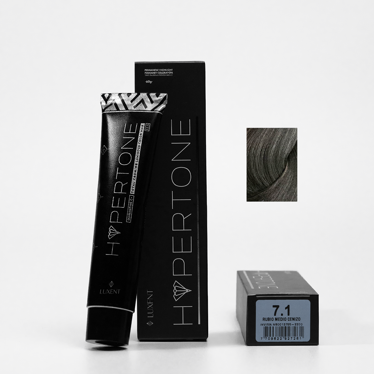 Tinte capilar profesional Hypertone 7.1 Rubio Medio Cenizo, tubo y caja con muestra de color | L'xent Professional