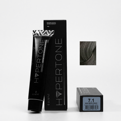 Tinte capilar profesional Hypertone 7.1 Rubio Medio Cenizo, tubo y caja con muestra de color | L'xent Professional