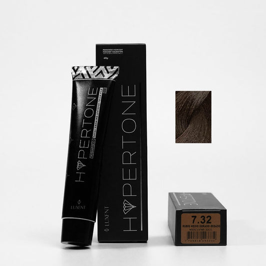 Tinte profesional Hypertone 7.32 Rubio Medio Dorado Irisado, tubo y caja con muestra de color | L'xent Professional
