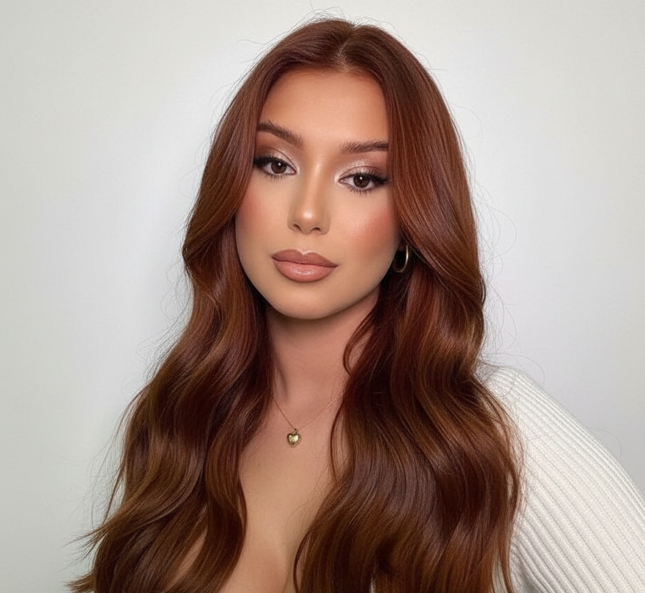 Modelo con cabello largo ondulado color cobrizo rojizo, mostrando un resultado de tinte profe - Luxent Professional