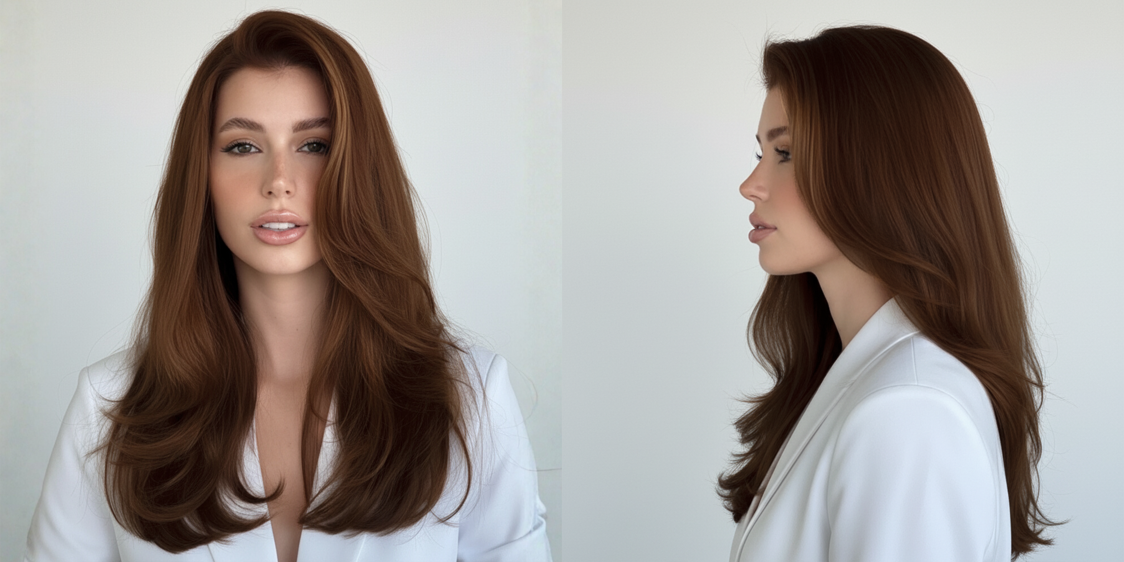 Modelo con cabello castaño rojizo brillante, liso con volumen, mostrando el color y la textur - Luxent Professional