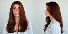 Modelo con cabello castaño rojizo brillante, liso con volumen, mostrando el color y la textur - Luxent Professional