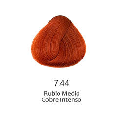 Muestra de color de tinte capilar 7.44 Rubio Medio Cobre Intenso para cabello profesional - Luxent Professional