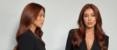 Modelo con cabello castaño rojizo brillante, mostrando el color y la salud del cabello - Luxent Professional