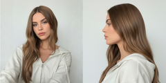 Modelo con cabello castaño claro liso y brillante, mostrando resultados de coloración profesi - Luxent Professional