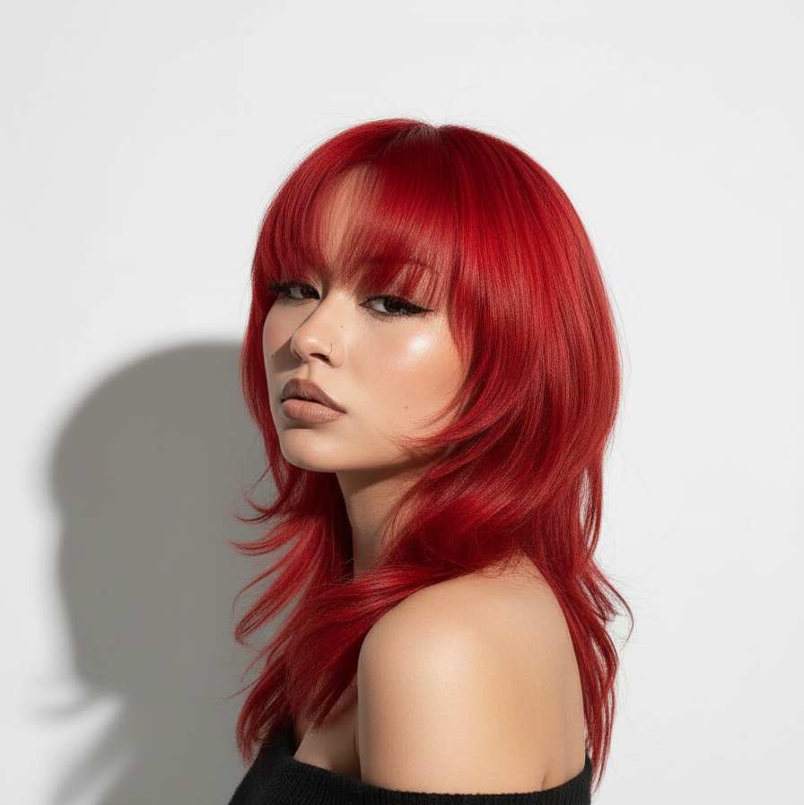 Modelo con cabello rojo intenso y brillante, corte shaggy con flequillo. Tinte capilar profes - Luxent Professional