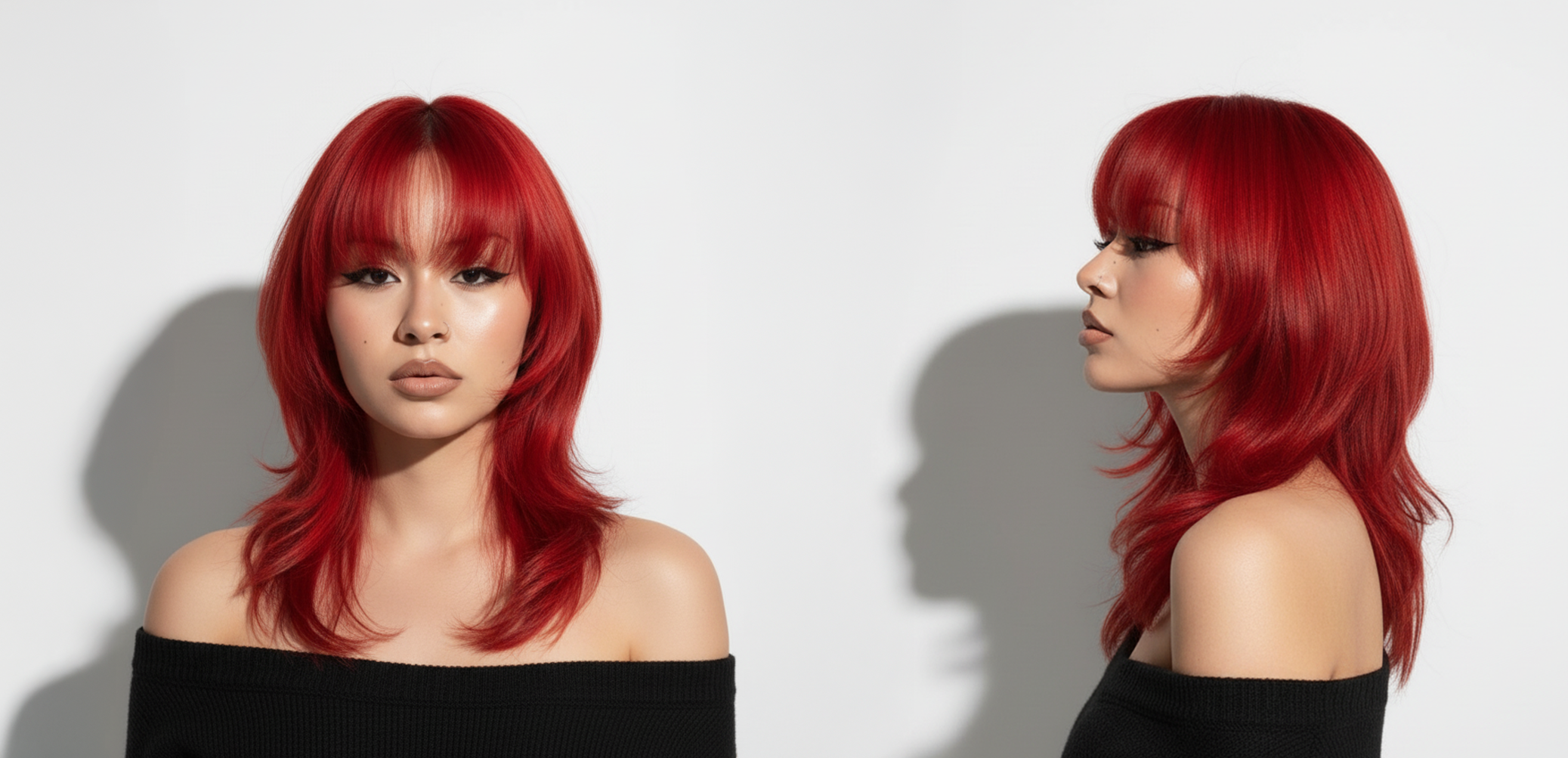 Modelo con cabello rojo vibrante y corte en capas, mostrando el color intenso y brillo - Luxent Professional