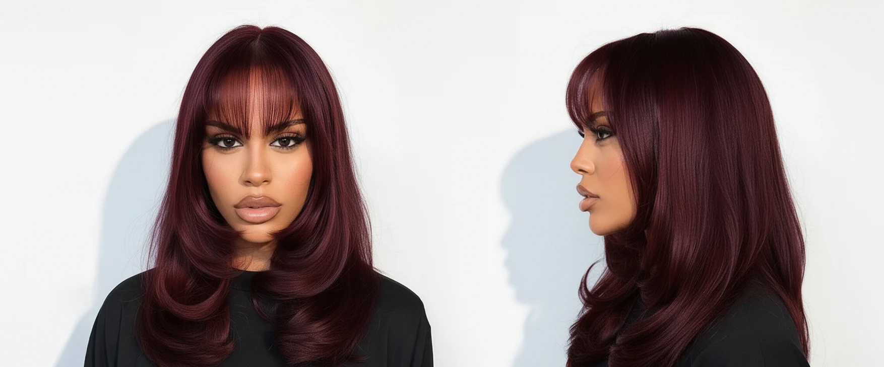 Modelo con cabello largo borgoña, flequillo y capas. Vista frontal y de perfil. - Luxent Professional