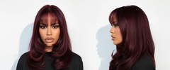 Modelo con cabello largo borgoña, flequillo y capas. Vista frontal y de perfil. - Luxent Professional