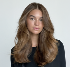 Modelo con cabello castaño claro ondulado y brillante. Peinado profesional para cabello largo - Luxent Professional